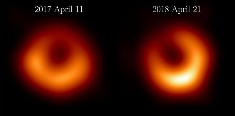 Comparativa de las imágenes del agujero negro M87, en 2017 y 2018. / EHT