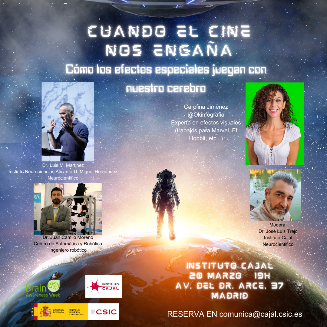 Cartel de la actividad 'Cuando el cine nos engaña', el 20 de marzo en el Instituto Cajal (IC-CSIC), Madrid.